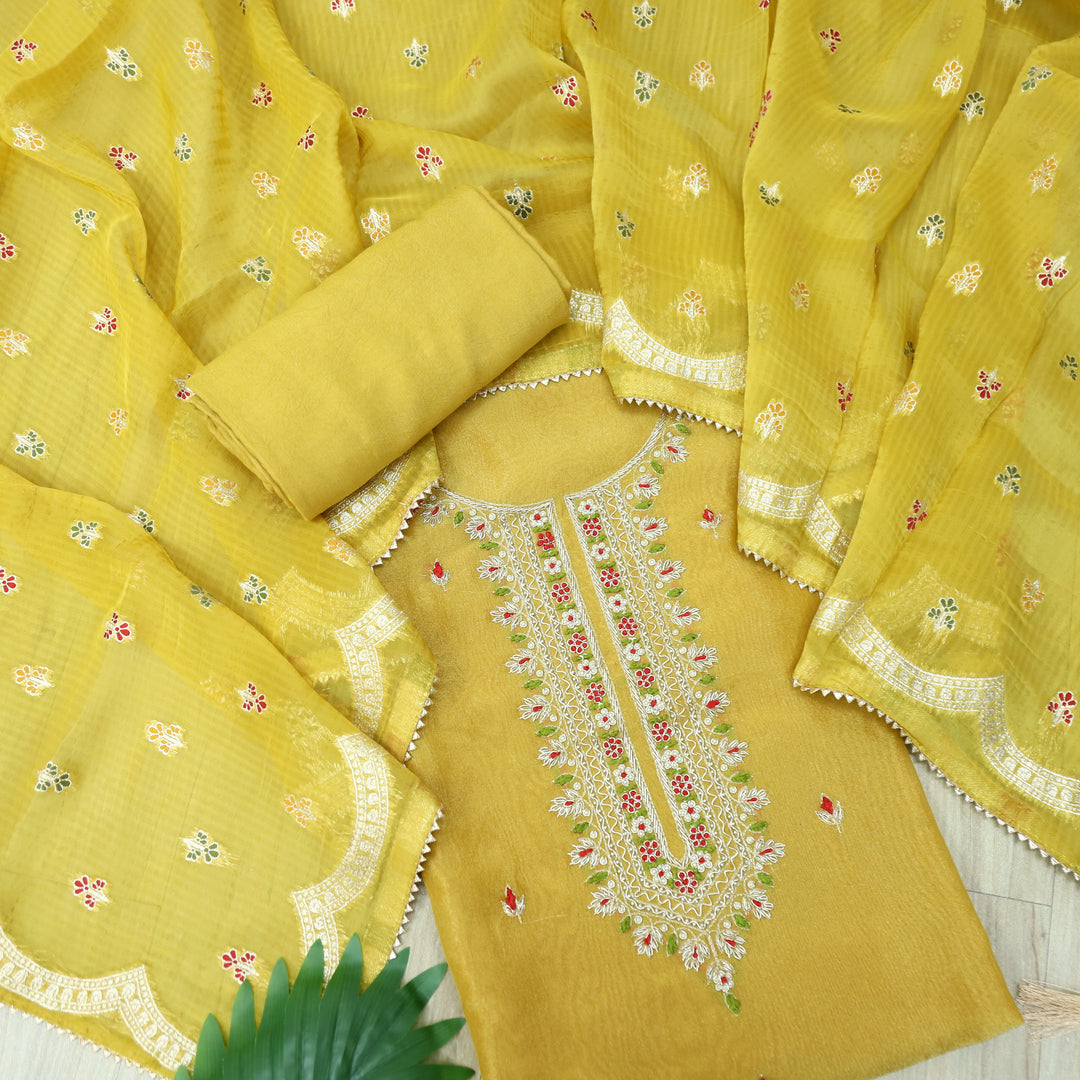 Falak Dijon Yellow Embellished Neck Work in Shimmer Tissue Silk Suit Set