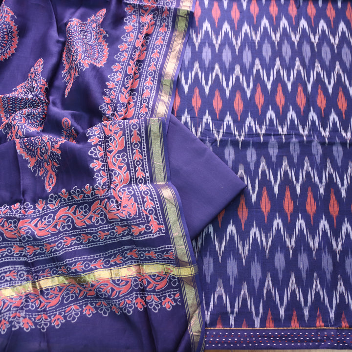 Vandana Navy Blue All Over Ikkat Inspired Printed Handloom Cotton Set