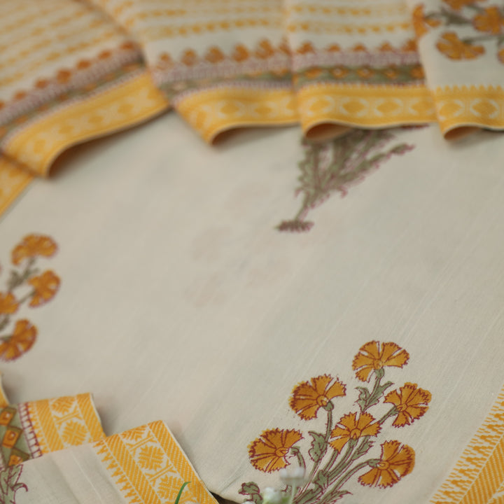 Hiraani Corn Yellow All Over Floral Block Printed Work with Weaved Hem Cotton Suit Set