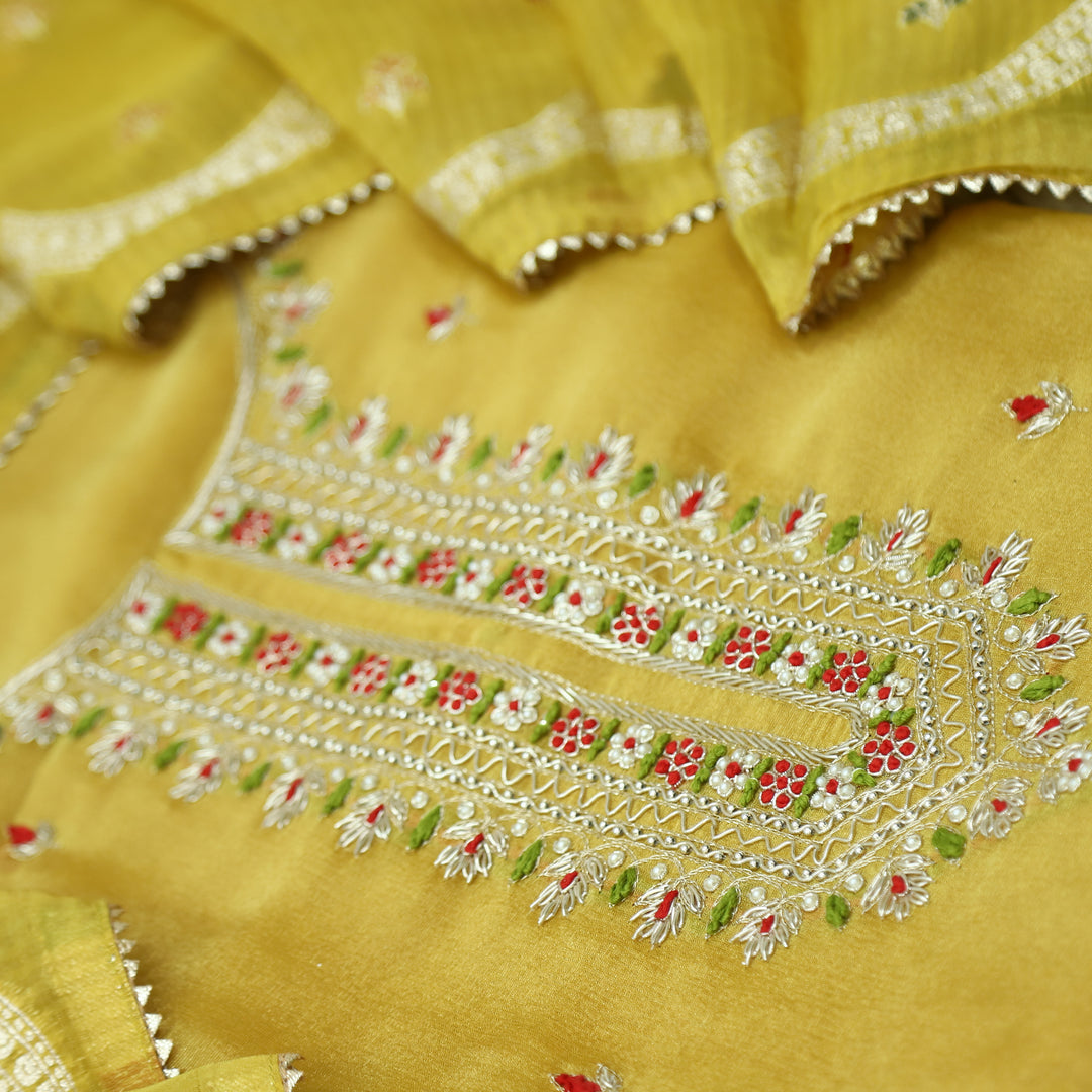 Falak Dijon Yellow Embellished Neck Work in Shimmer Tissue Silk Suit Set