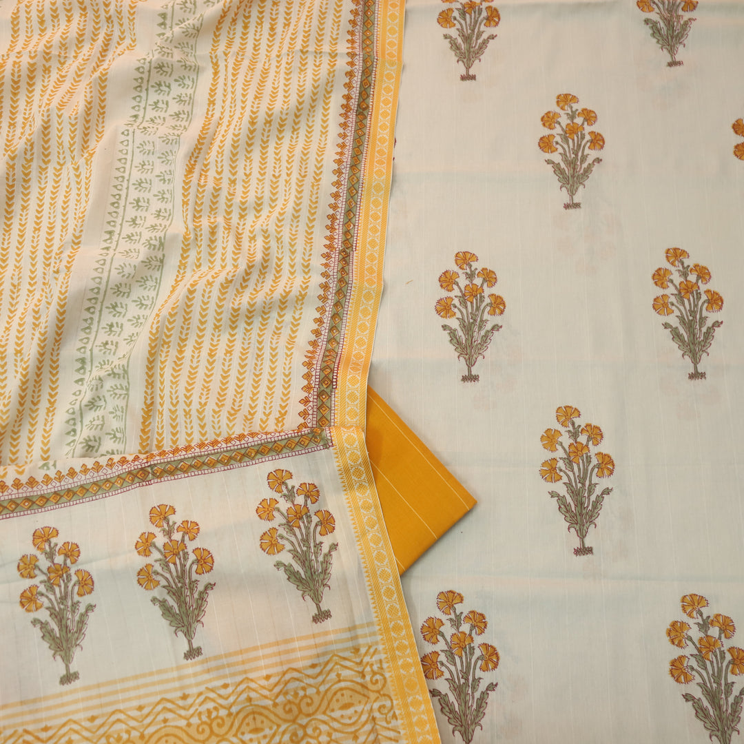 Hiraani Corn Yellow All Over Floral Block Printed Work with Weaved Hem Cotton Suit Set