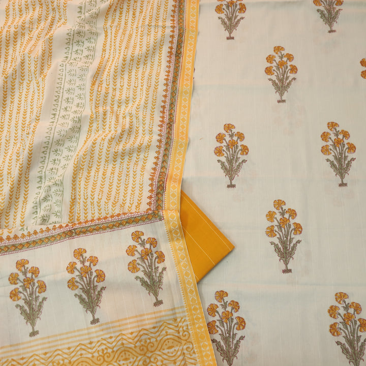 Hiraani Corn Yellow All Over Floral Block Printed Work with Weaved Hem Cotton Suit Set