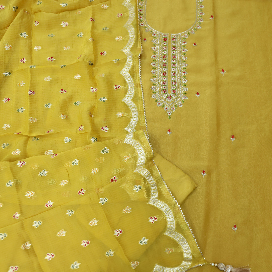 Falak Dijon Yellow Embellished Neck Work in Shimmer Tissue Silk Suit Set