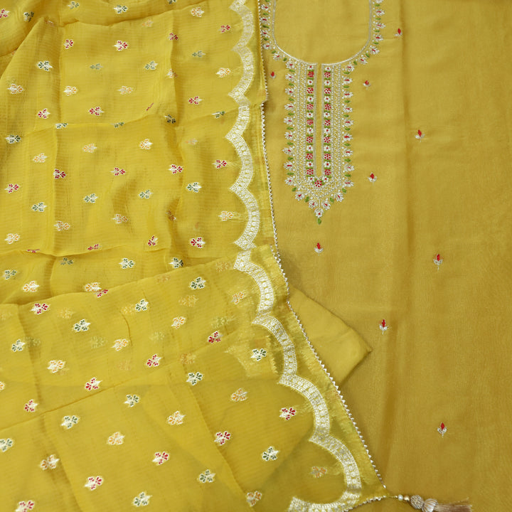 Falak Dijon Yellow Embellished Neck Work in Shimmer Tissue Silk Suit Set