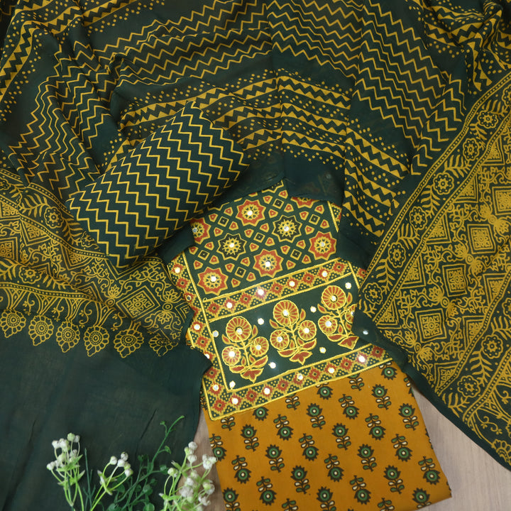 Rubayat Dijon Yellow Mirror Neck with Ajrak Print Patch Cotton Suit Set