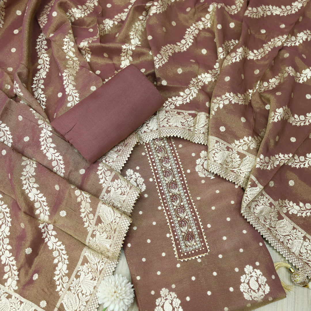 Darmiyan Metallic Bronze Embellished Neck Work in Shimmer Tissue Silk Suit Set