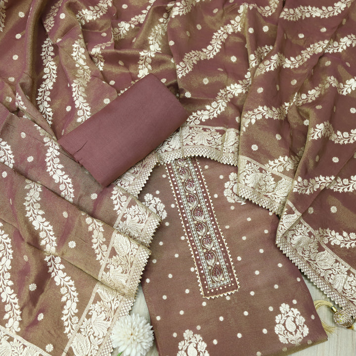 Darmiyan Metallic Bronze Embellished Neck Work in Shimmer Tissue Silk Suit Set
