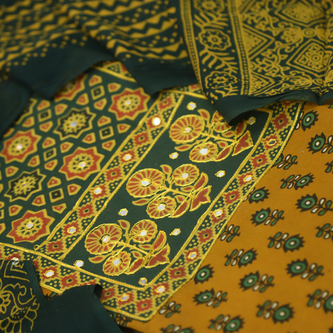 Rubayat Dijon Yellow Mirror Neck with Ajrak Print Patch Cotton Suit Set