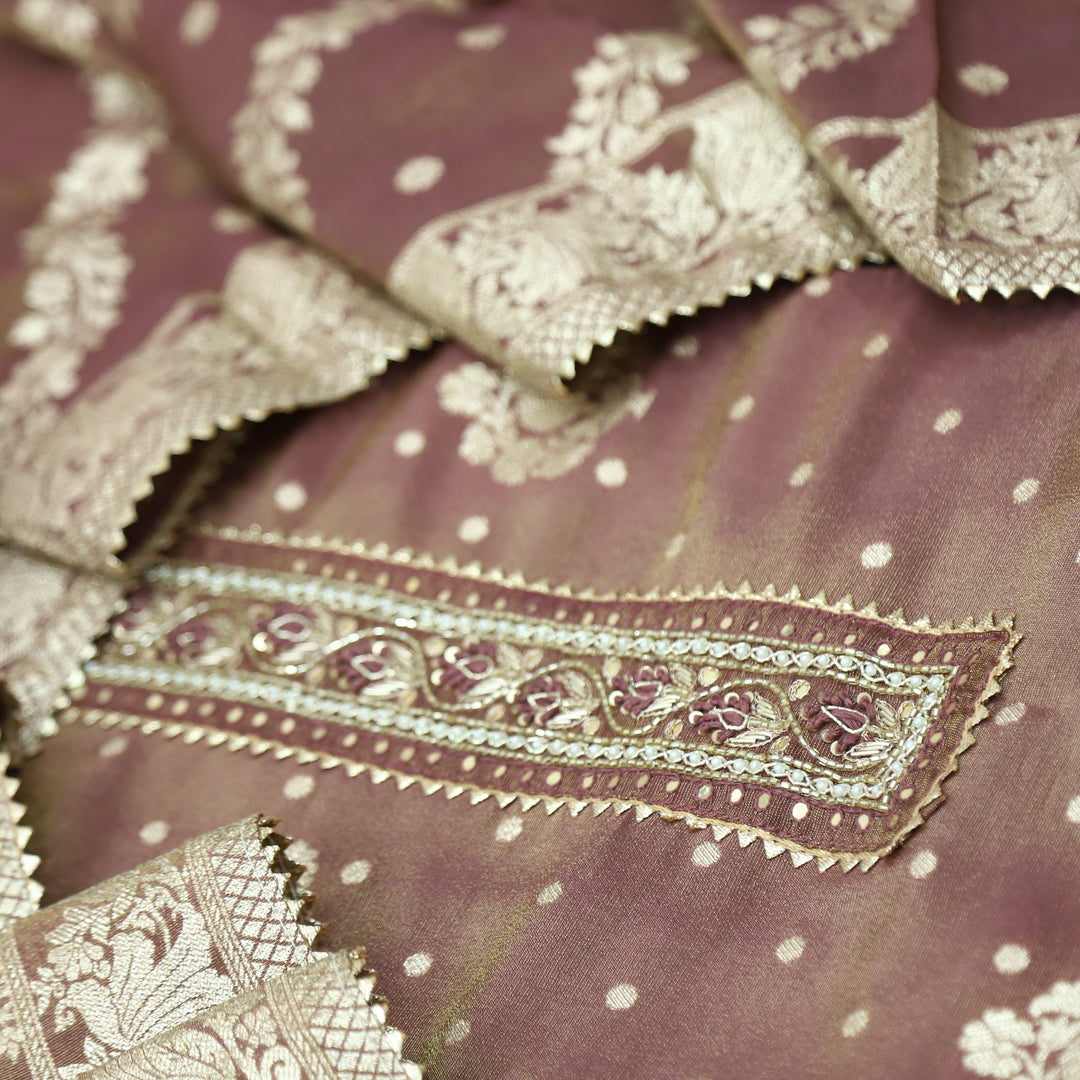 Darmiyan Metallic Bronze Embellished Neck Work in Shimmer Tissue Silk Suit Set