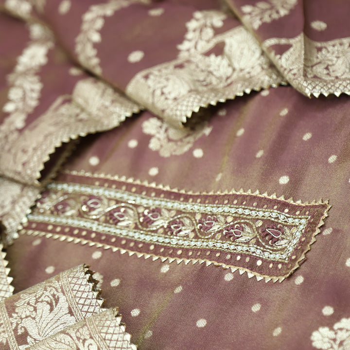 Darmiyan Metallic Bronze Embellished Neck Work in Shimmer Tissue Silk Suit Set