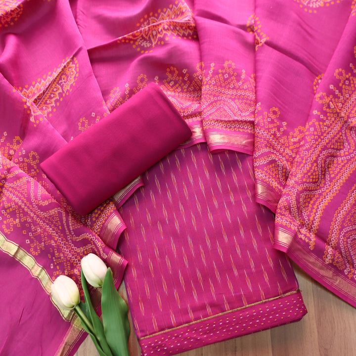 Vandana Magenta Pink All Over Ikkat Inspired Printed Handloom Cotton Set