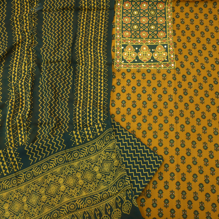 Rubayat Dijon Yellow Mirror Neck with Ajrak Print Patch Cotton Suit Set