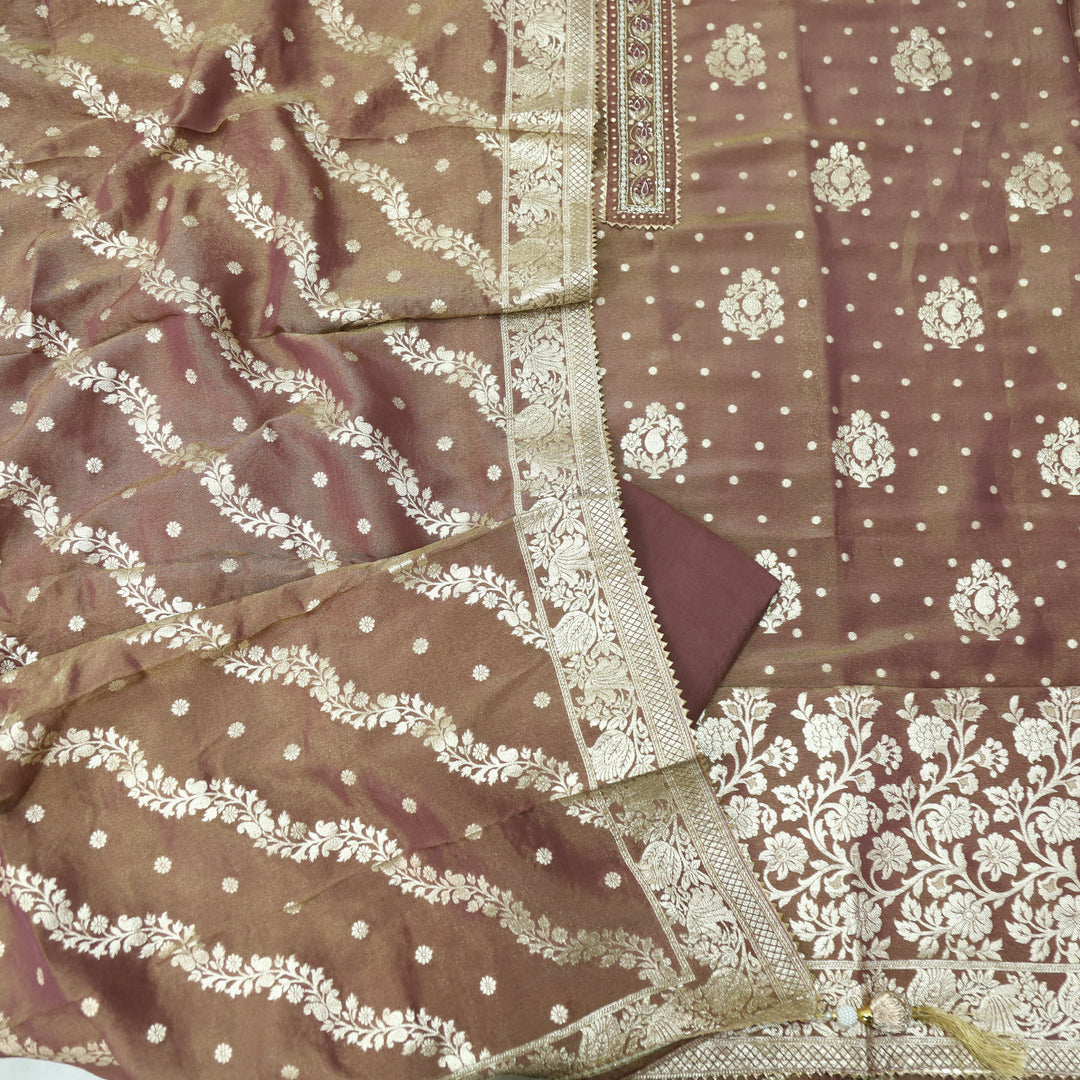 Darmiyan Metallic Bronze Embellished Neck Work in Shimmer Tissue Silk Suit Set