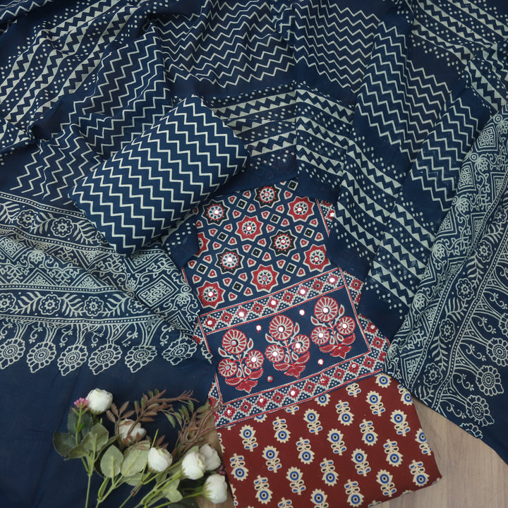 Rubayat Berry Dark Red Mirror Neck with Ajrak Print Patch Cotton Suit Set