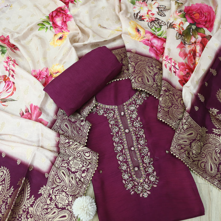 Roshani Plum Berry Purple Embellished Neck Work Dola Silk Suit Set