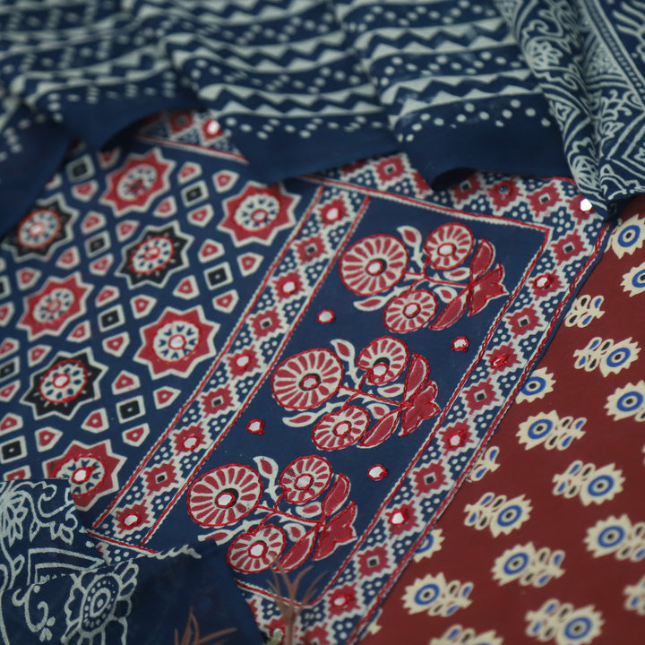 Rubayat Berry Dark Red Mirror Neck with Ajrak Print Patch Cotton Suit Set