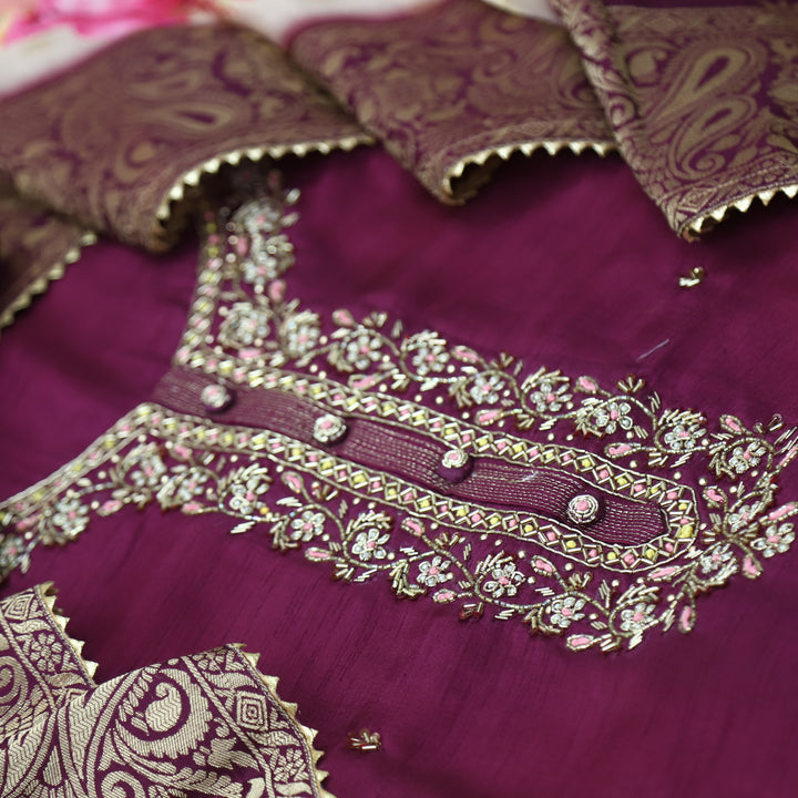 Roshani Plum Berry Purple Embellished Neck Work Dola Silk Suit Set