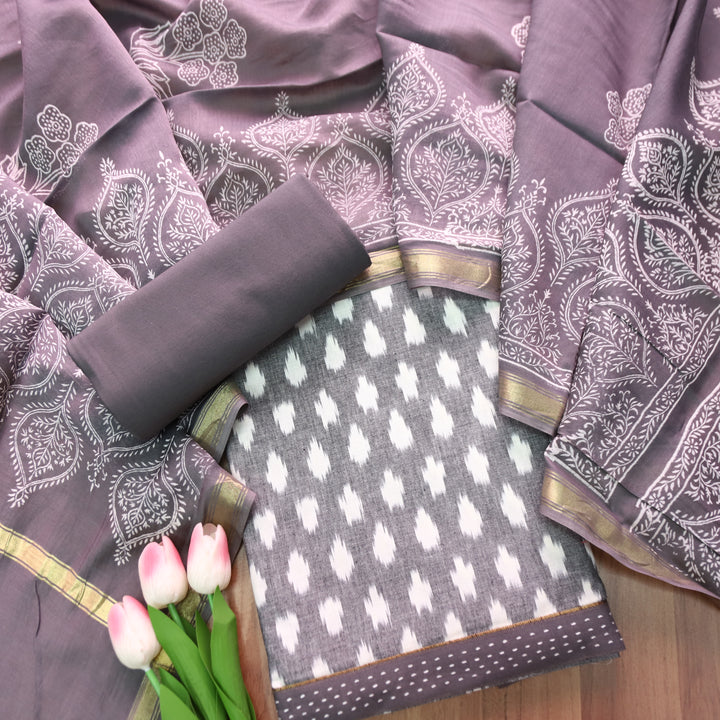 Vandana Fossil Grey All Over Ikkat Inspired Printed Handloom Cotton Set