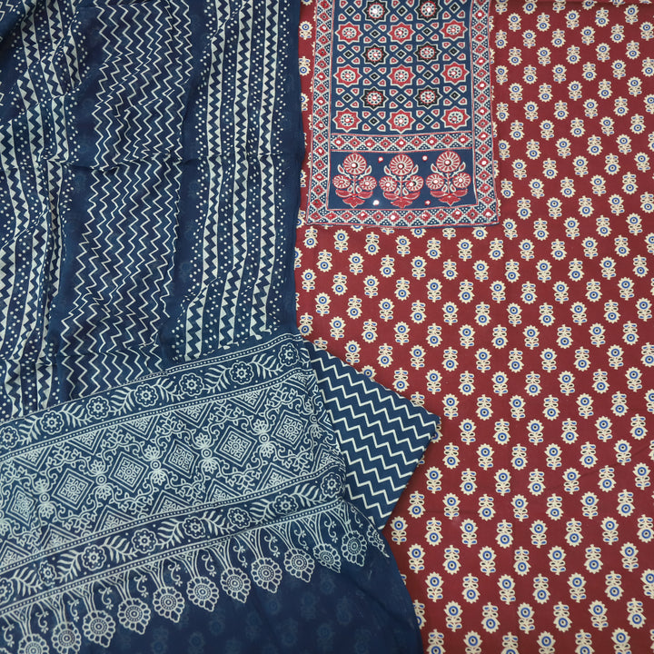 Rubayat Berry Dark Red Mirror Neck with Ajrak Print Patch Cotton Suit Set