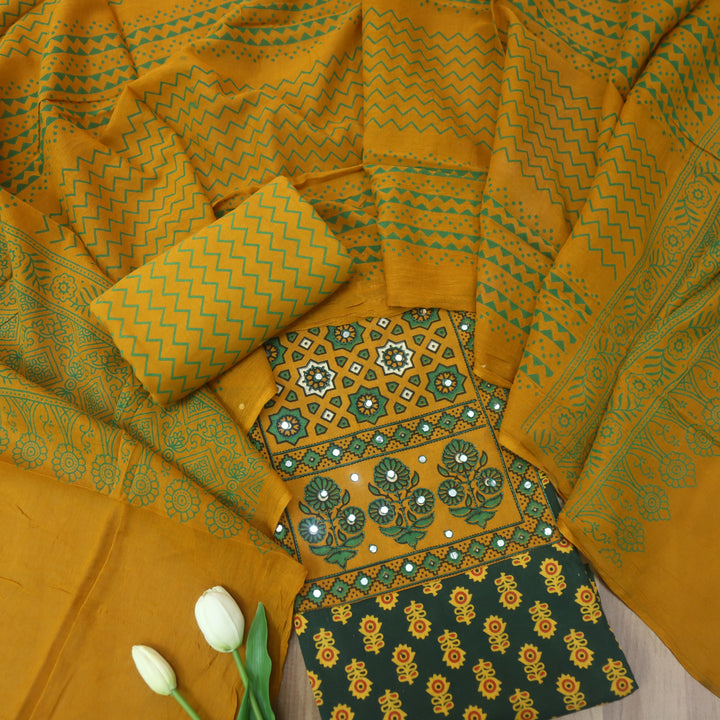 Rubayat Twilight Dawn Green Red Mirror Neck with Ajrak Print Patch Cotton Suit Set