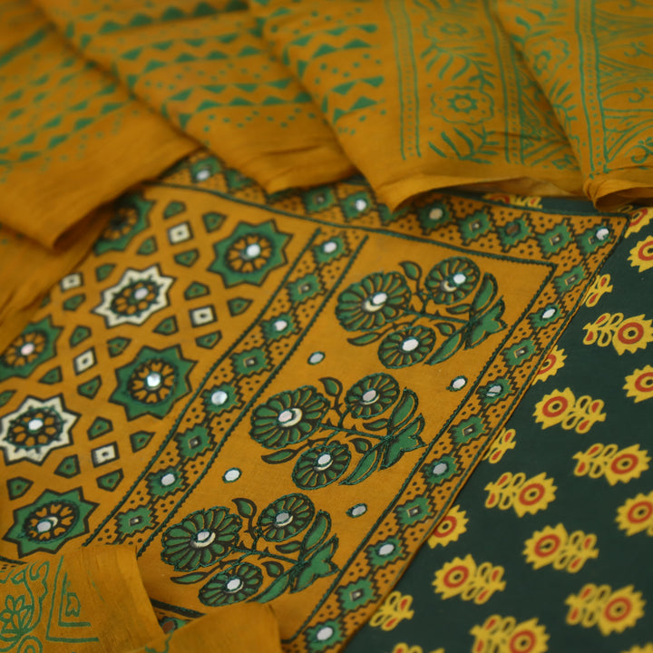 Rubayat Twilight Dawn Green Red Mirror Neck with Ajrak Print Patch Cotton Suit Set