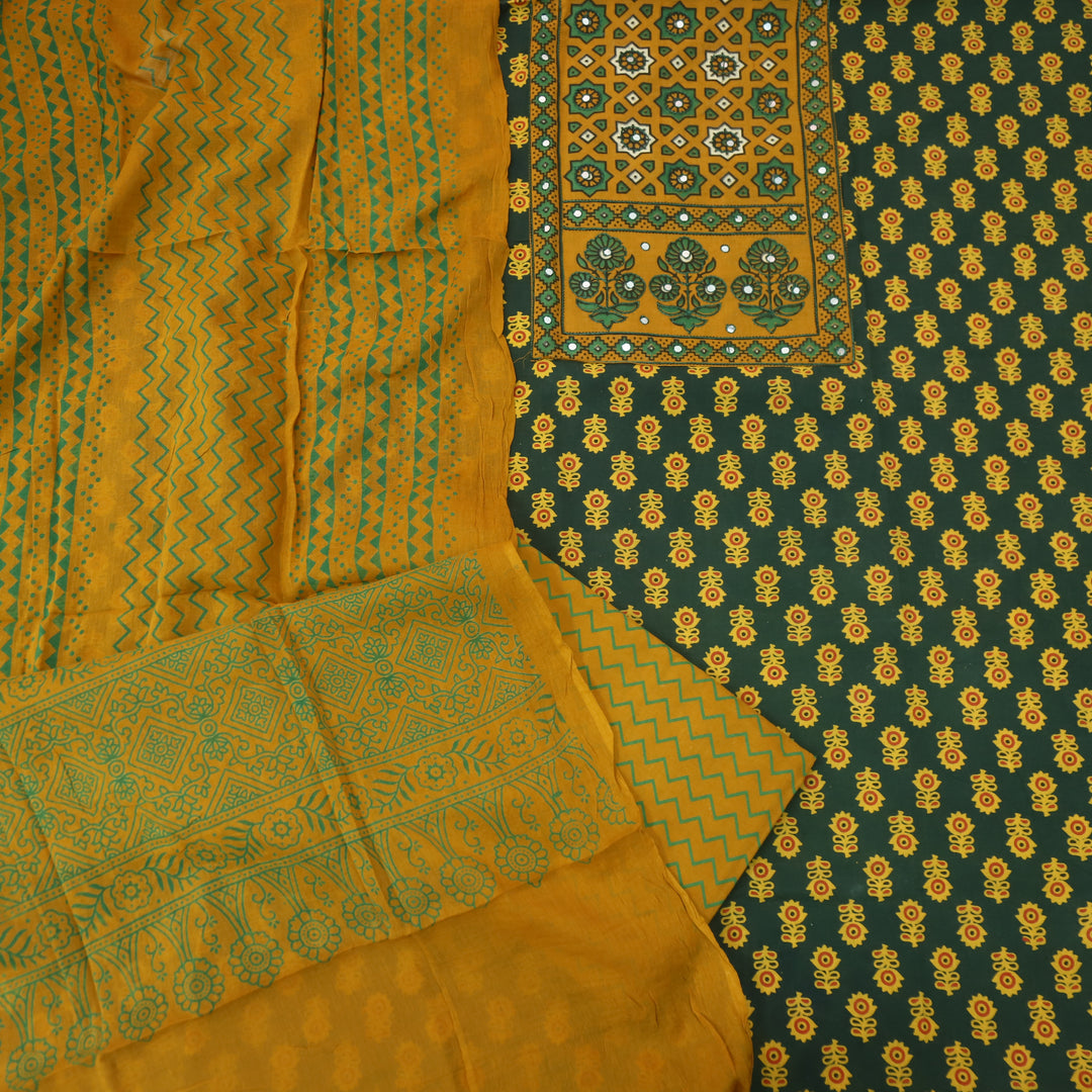 Rubayat Twilight Dawn Green Red Mirror Neck with Ajrak Print Patch Cotton Suit Set