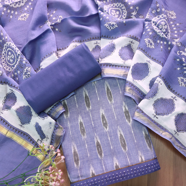 Vandana Faded Blue All Over Ikkat Inspired Printed Handloom Cotton Set