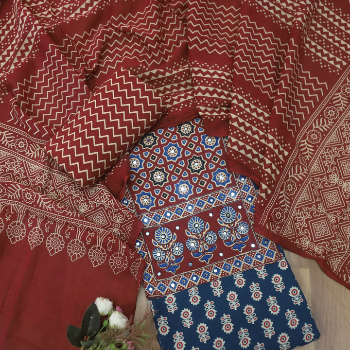 Rubayat Navy Blue Red Mirror Neck with Ajrak Print Patch Cotton Suit Set