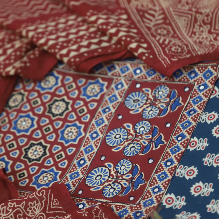 Rubayat Navy Blue Red Mirror Neck with Ajrak Print Patch Cotton Suit Set