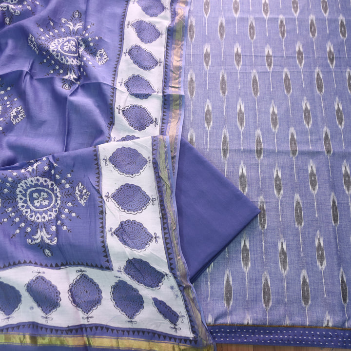 Vandana Faded Blue All Over Ikkat Inspired Printed Handloom Cotton Set