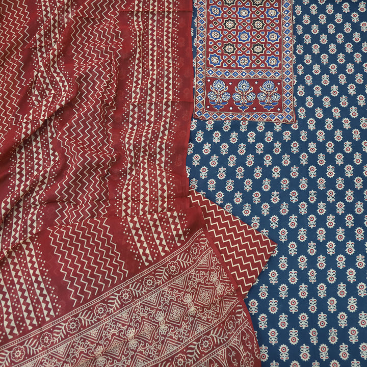 Rubayat Navy Blue Red Mirror Neck with Ajrak Print Patch Cotton Suit Set