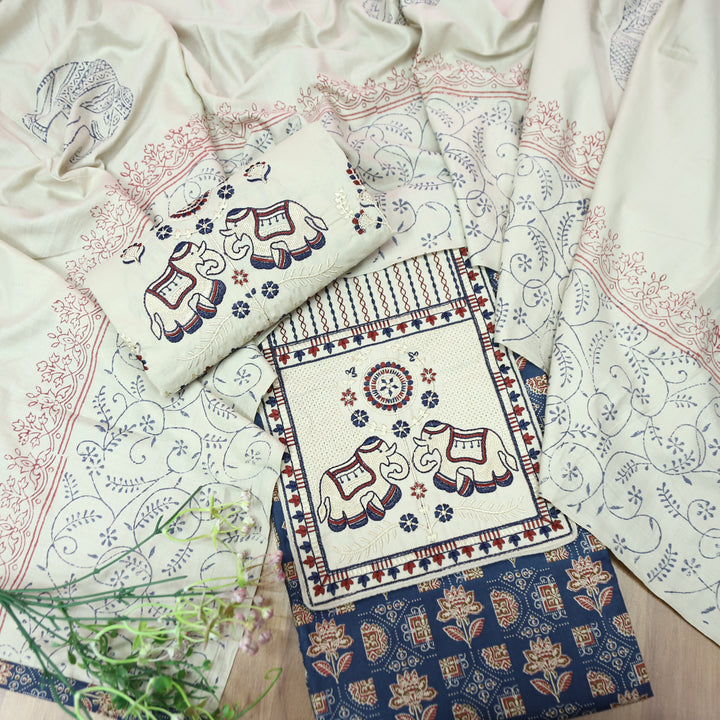 Yalin Blue Embroidered Kutch Fusion Yoke Ajrak Cotton Set