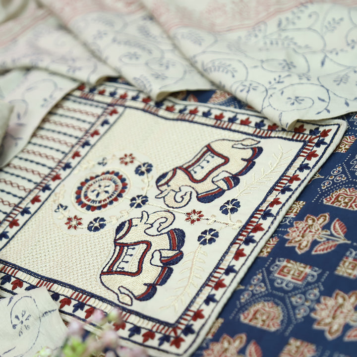 Yalin Blue Embroidered Kutch Fusion Yoke Ajrak Cotton Set
