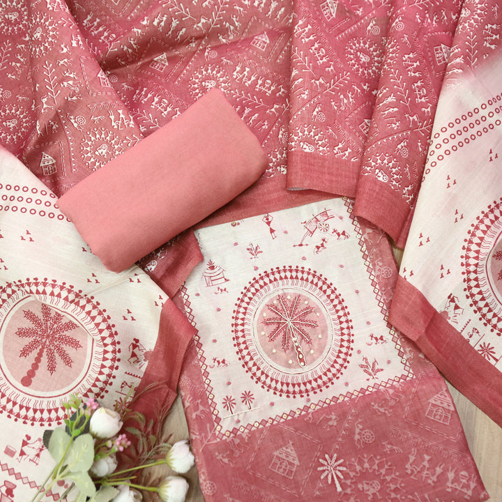 Raavi Blush Pink Spiral with French Knot Work in Verli Printed Art Silk Chanderi Set