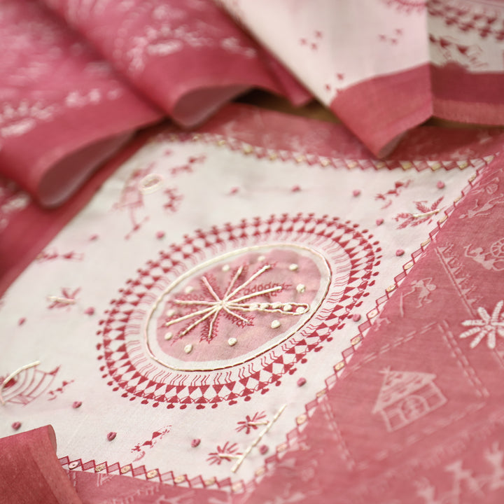 Raavi Blush Pink Spiral with French Knot Work in Verli Printed Art Silk Chanderi Set