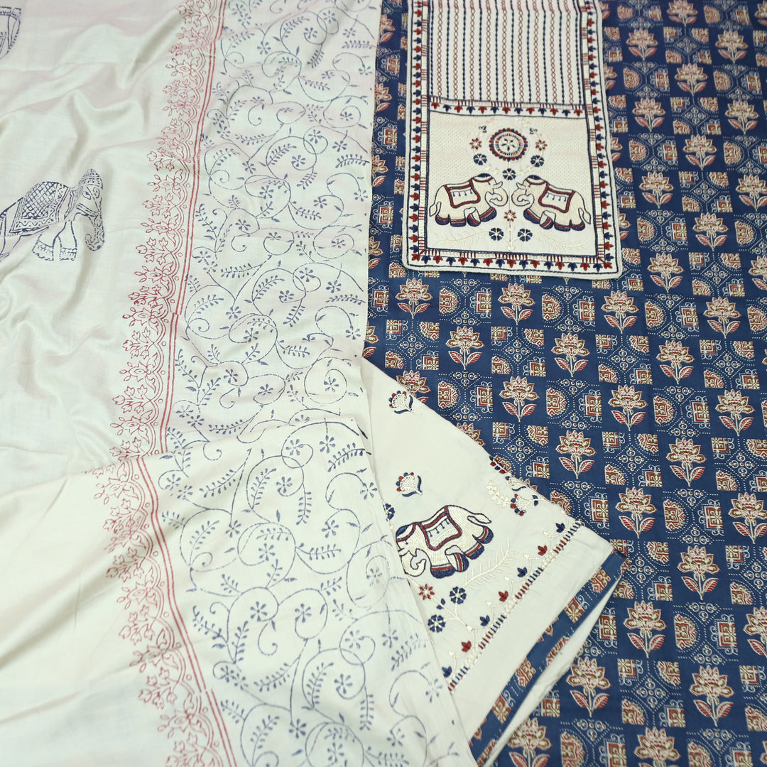 Yalin Blue Embroidered Kutch Fusion Yoke Ajrak Cotton Set
