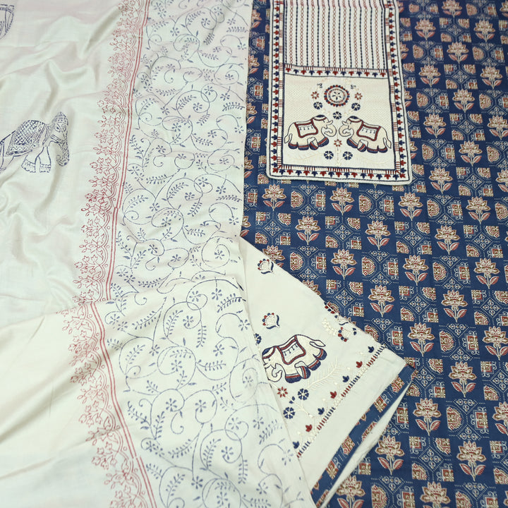 Yalin Blue Embroidered Kutch Fusion Yoke Ajrak Cotton Set
