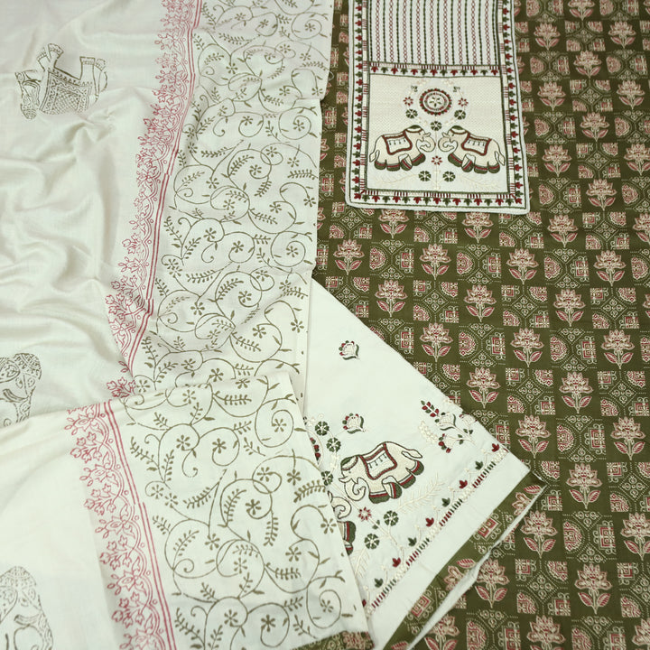 Yalin Green Embroidered Kutch Fusion Yoke Ajrak Cotton Set
