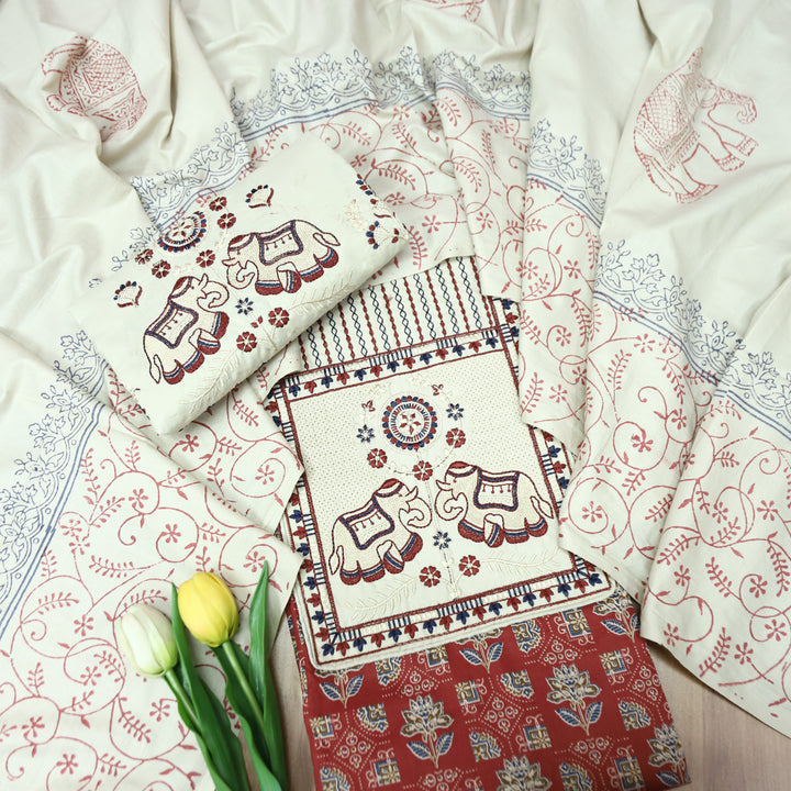 Yalin Red Embroidered Kutch Fusion Yoke Ajrak Cotton Set