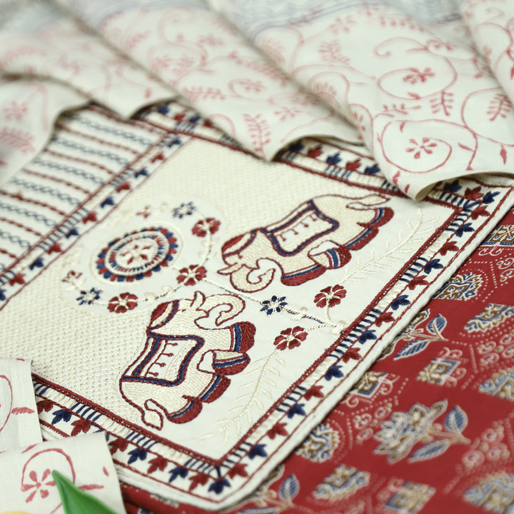 Yalin Red Embroidered Kutch Fusion Yoke Ajrak Cotton Set