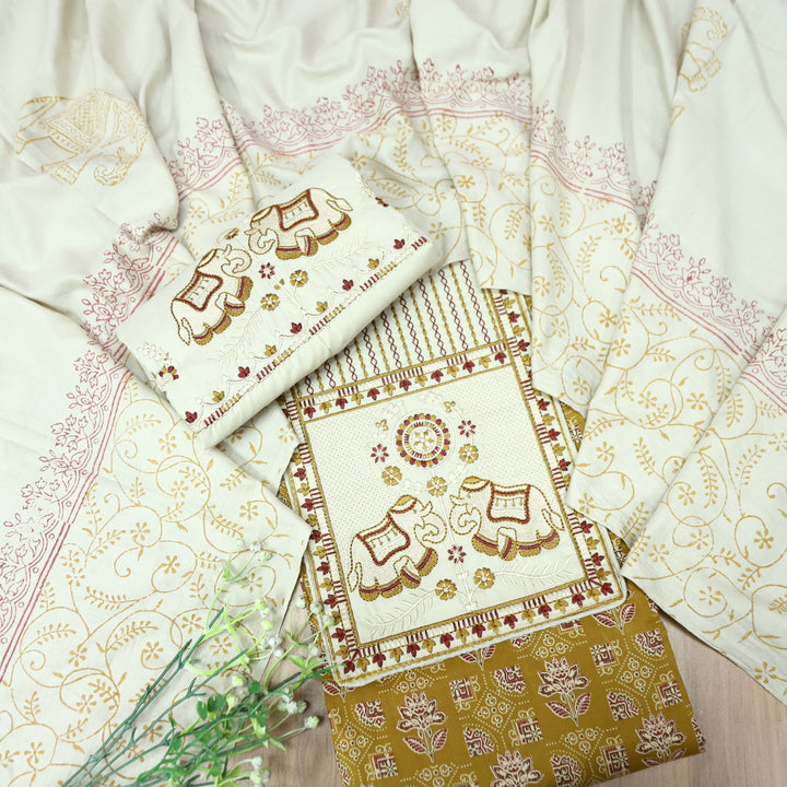 Yalin Yellow Embroidered Kutch Fusion Yoke Ajrak Cotton Set