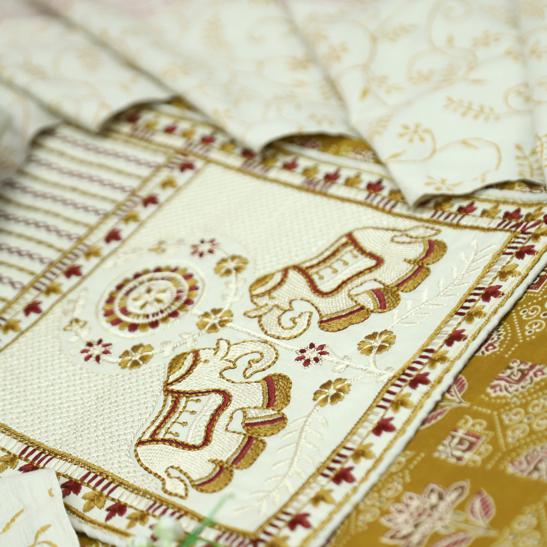Yalin Yellow Embroidered Kutch Fusion Yoke Ajrak Cotton Set