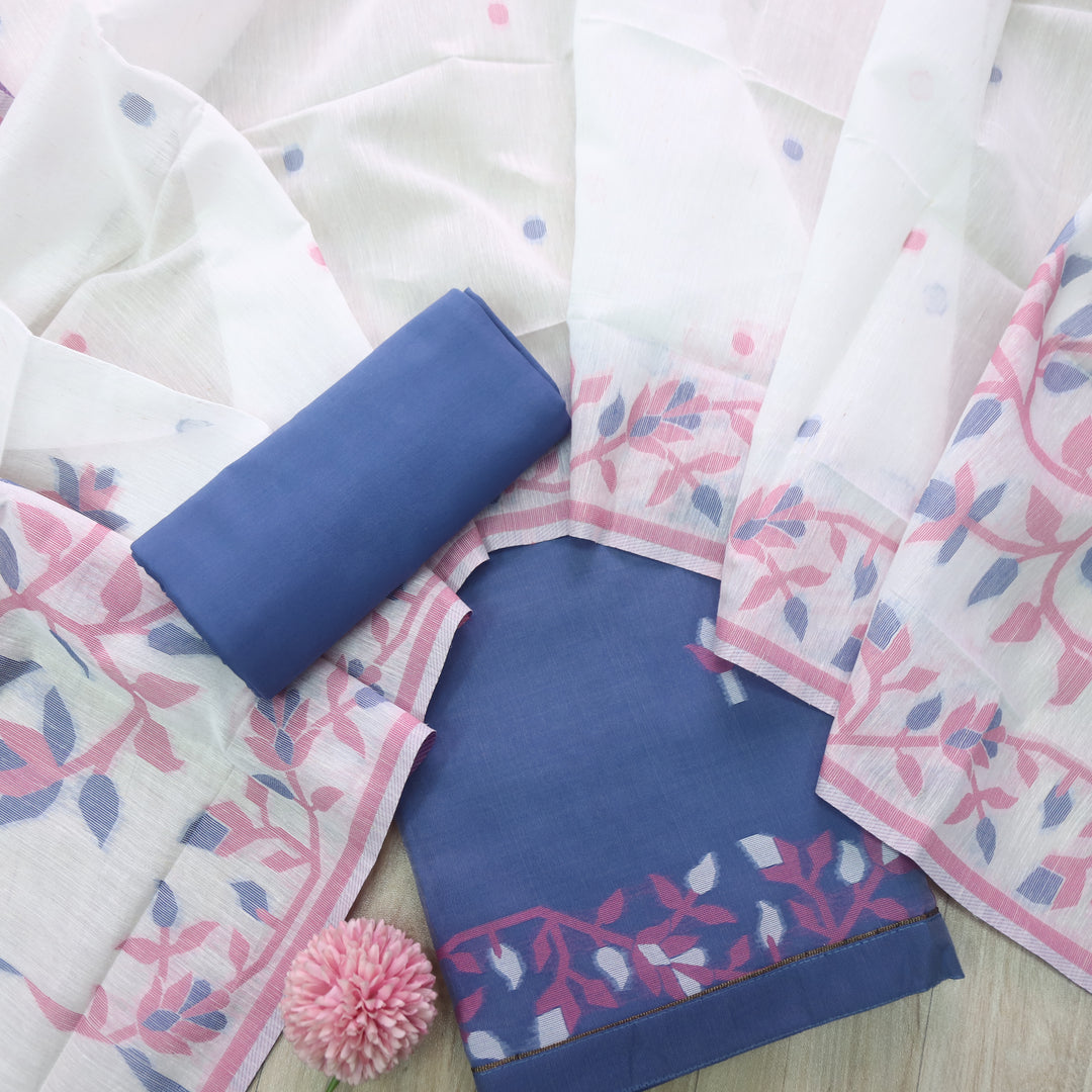 Surya Prussian Blue with Pink Floral Authentic Jamdani Suit Set