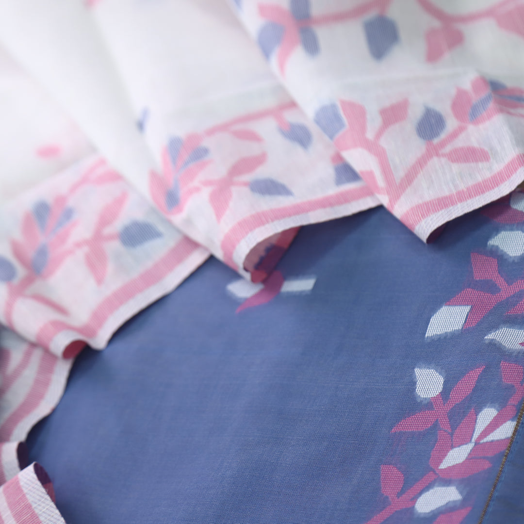 Surya Prussian Blue with Pink Floral Authentic Jamdani Suit Set
