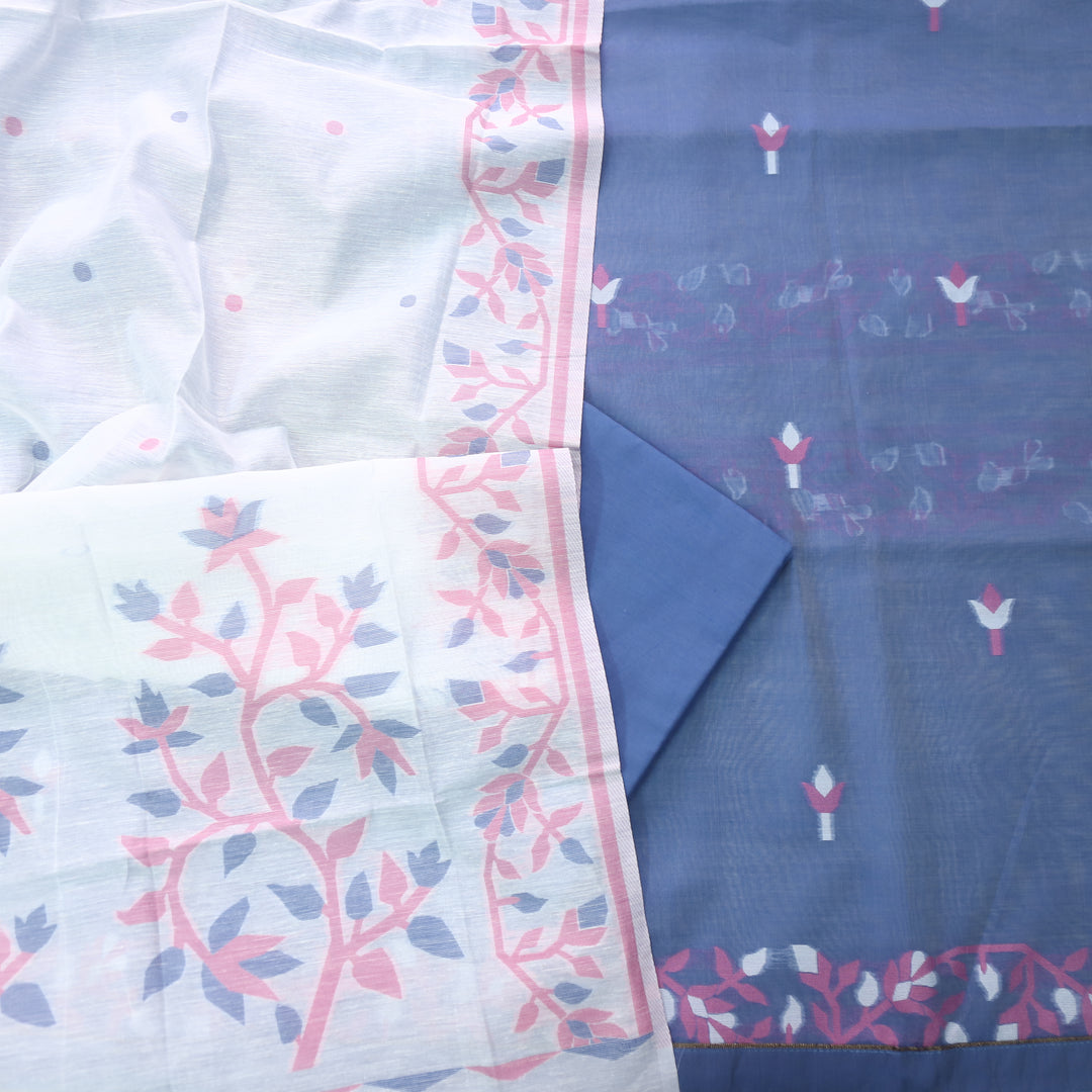Surya Prussian Blue with Pink Floral Authentic Jamdani Suit Set