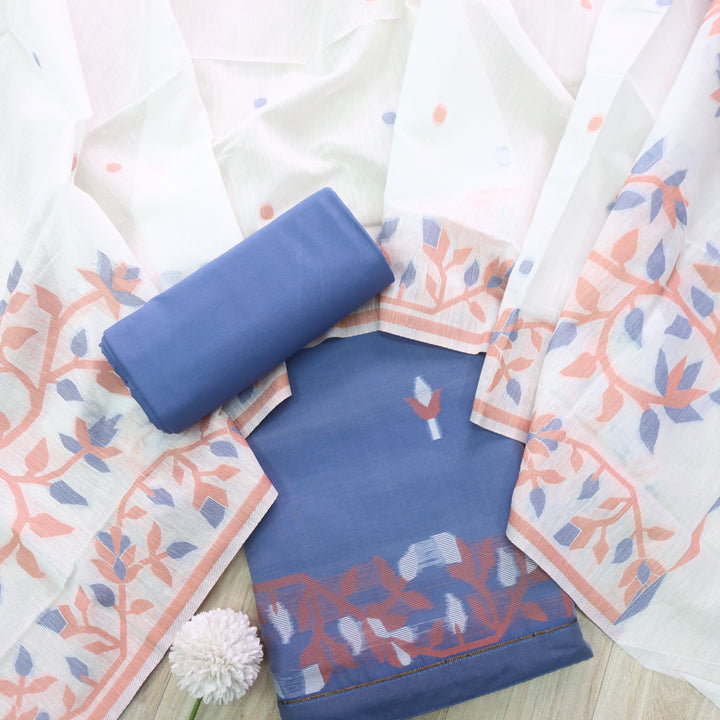 Surya Prussian Blue with Orange Floral Authentic Jamdani Suit Set
