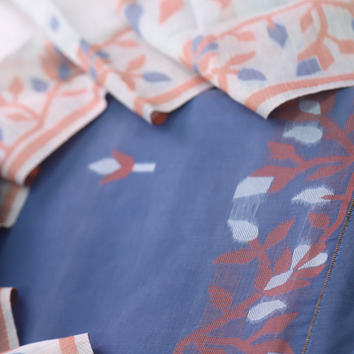 Surya Prussian Blue with Orange Floral Authentic Jamdani Suit Set