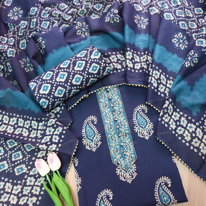 Rua Navy Blue Kardana with Potli Button Patch Printed Cotton Set