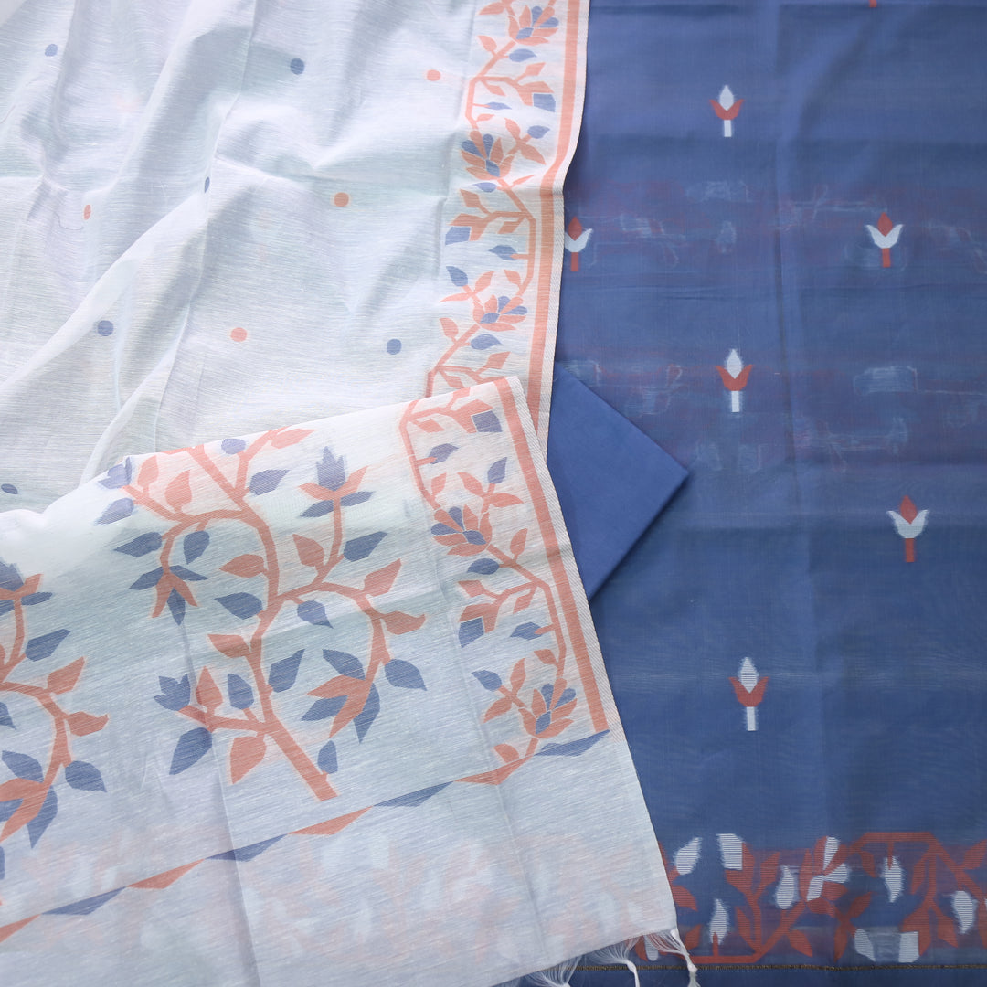 Surya Prussian Blue with Orange Floral Authentic Jamdani Suit Set