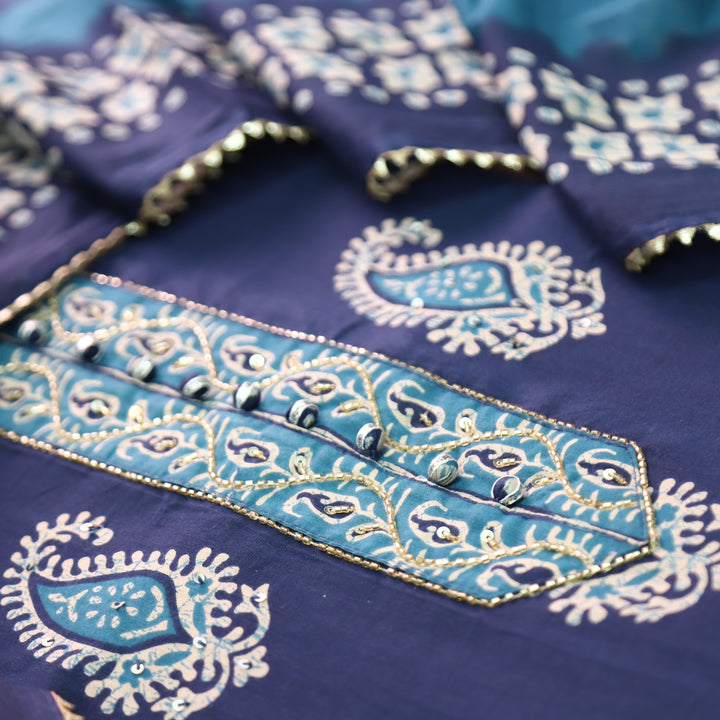 Rua Navy Blue Kardana with Potli Button Patch Printed Cotton Set